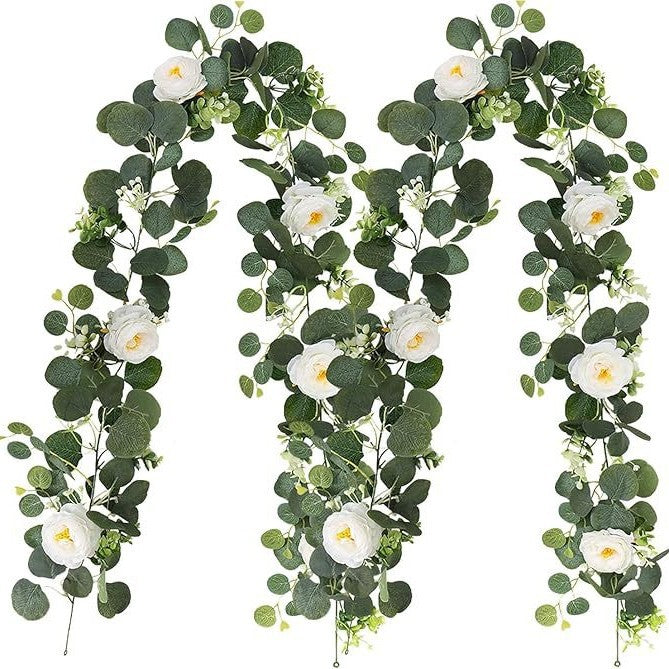 Bulk 2Pcs 5.9Ft Artificial Eucalyptus Garland with Roses Faux Flower Vine for Wedding Party Home Table Decor Wholesale