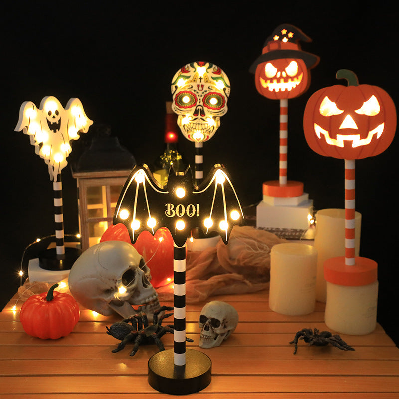 Bulk 2Pcs Halloween LED Pumpkin Ghost Skull Wooden Decorations – Spooky Light-Up Party Decor Wholesale