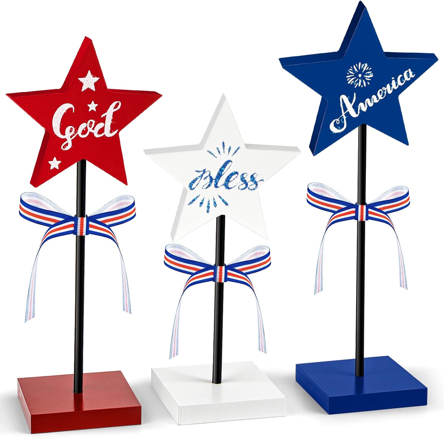 Bulk Rustic Wooden Star Set for Labor Day Red White and Blue Patriotic Decorations for Home Tables and Tiered Trays Wholesale