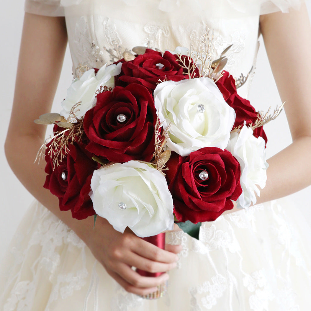 Bulk 9" Bridal Bouquet Burgundy & White Artificial Roses Wedding Bouquets Wholesale