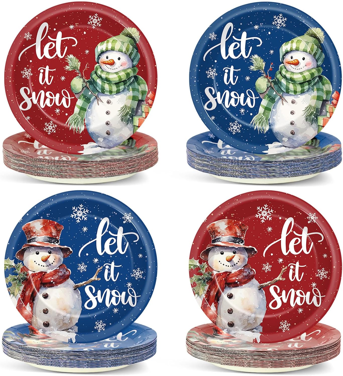 Bulk 100Pcs 7-Inch Let It Snow Christmas Paper Plates – Snowman Themed Red and Blue Party Tableware for Holiday Celebrations Wholesale