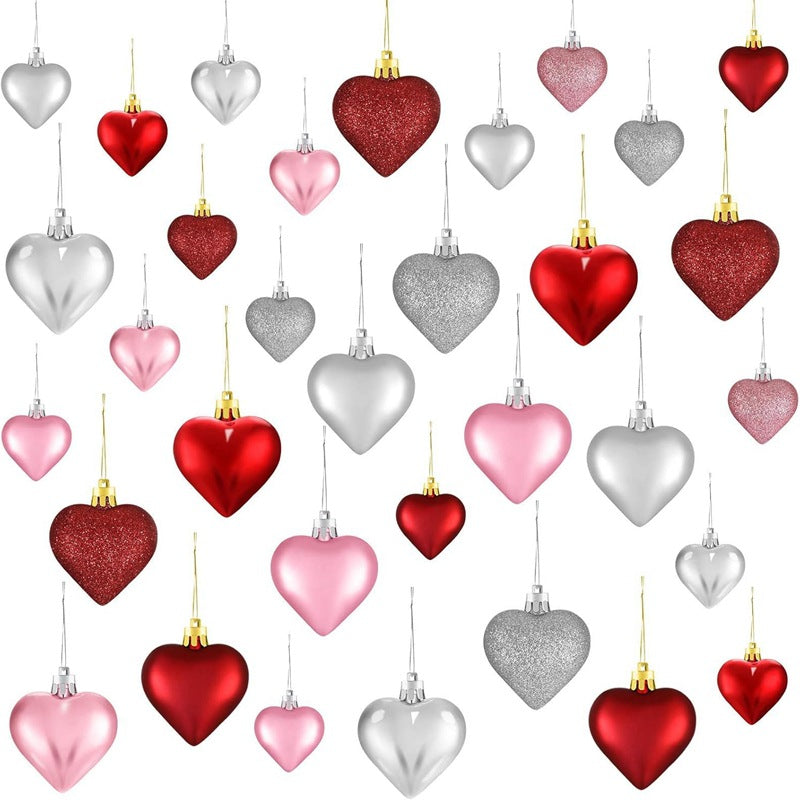 Bulk 36Pcs Valentine's Day Heart Shaped Ornaments Red Pink Silver Glitter Hanging Decorations Wholesale