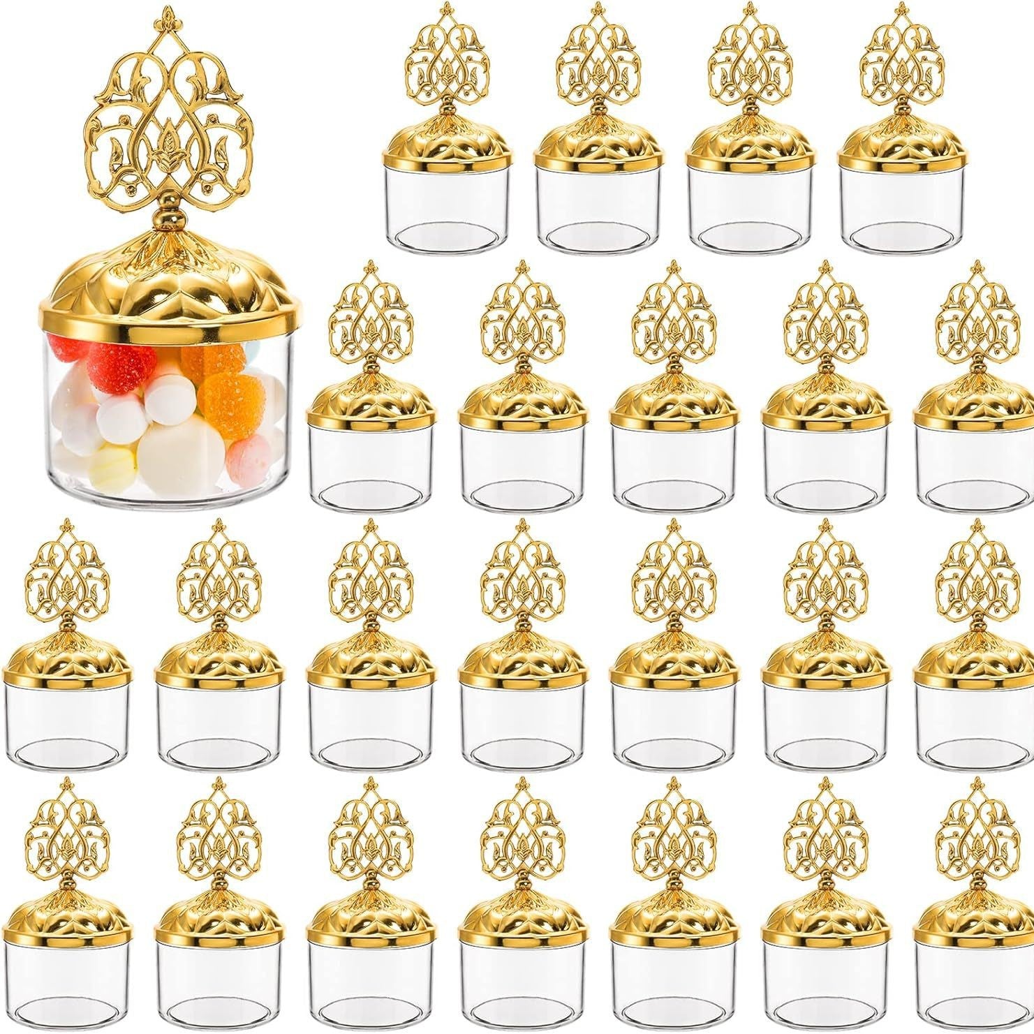 Bulk 24 Pcs Clear Fillable Favor Boxes with Gold Dome Lids Dessert Storage Box Baby Shower Princess Birthday Party Candy Box Decorative Box Wholesale