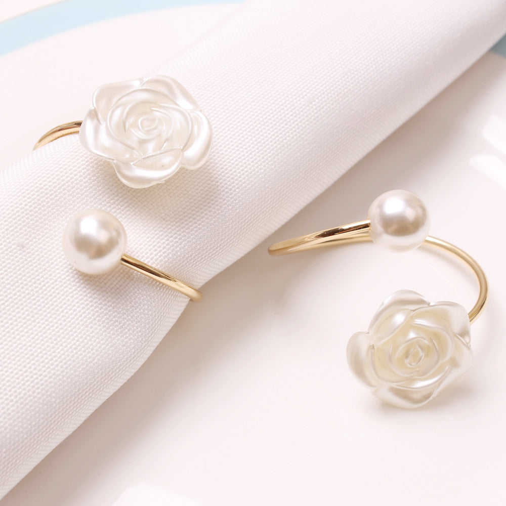 Bulk 6 Pcs Rose Napkin Rings White Pearl Flower Napkin Holders for Dining Table Wedding Banquet Valentine's Day and Party Wholesale