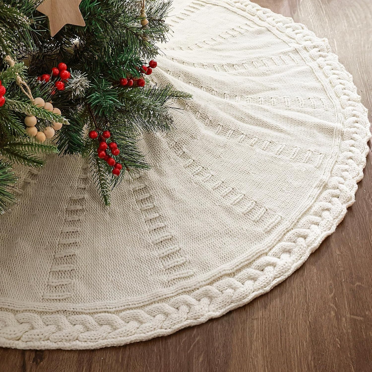 Bulk 48 Inch Knitted Christmas Tree Skirt Cream White Braided Cable Knit for Xmas Tree Holiday Party Home Decor Wholesale