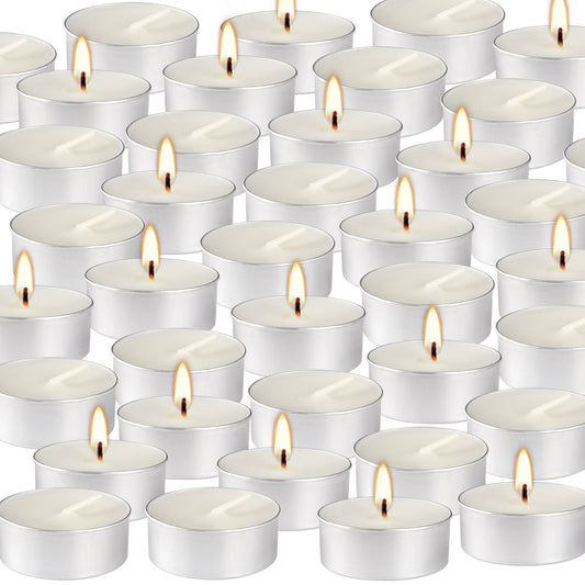 Bulk 100 Pcs Unscented Smokeless White Tea Light Candles  with 4-Hour Burn Time for Home Decor Shabbat Weddings Events Birthday Parties Wholesale