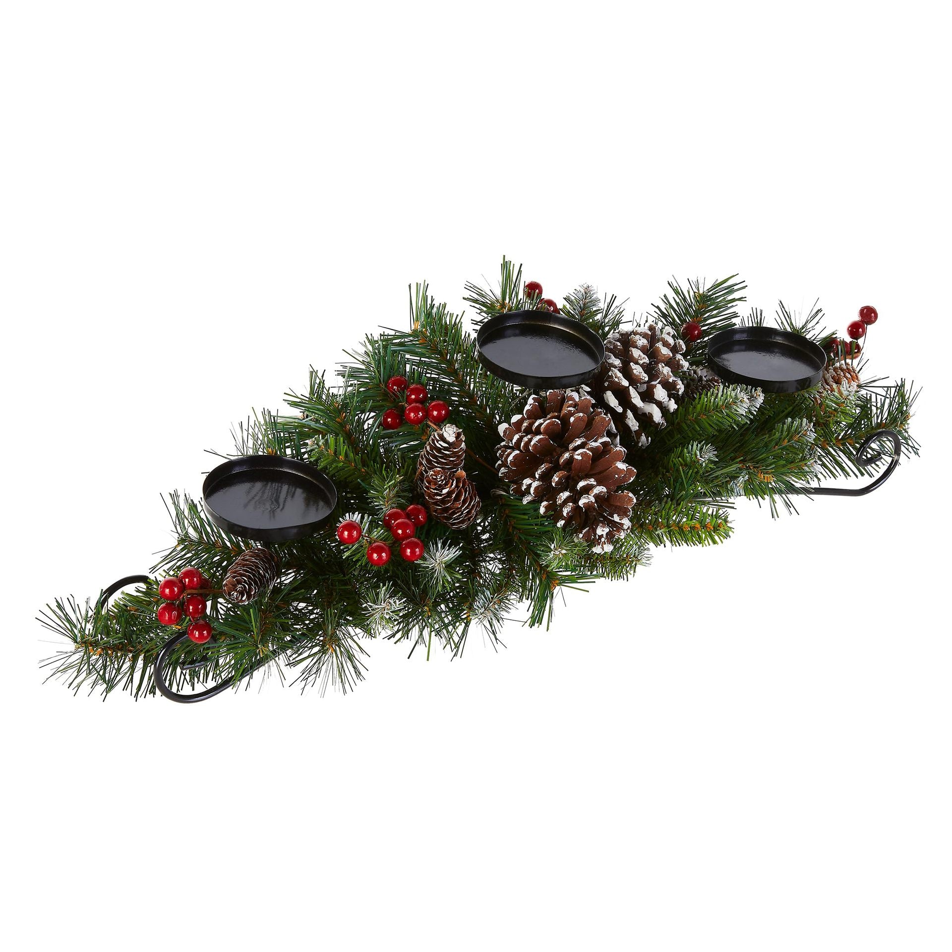 Bulk Artificial Christmas Centerpiece with 3 Candle Holders Red Berries Pine Cones and Steal Base for Holiday Table Decor Wholesale