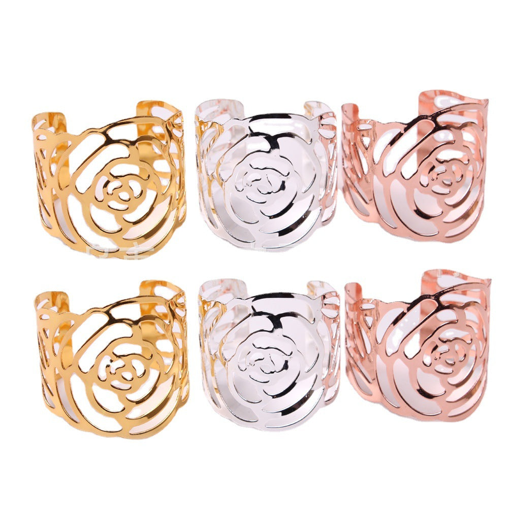 Bulk 12 Pcs Rose Gold Laser Cut Metal Napkin Rings Elegant Rose Shaped Table Decor for Weddings Parties and Events Wholesale