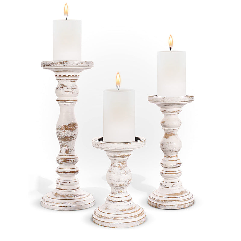 Bulk Set of 3 White Candle Holders for Pillar Candles Rustic Farmhouse Style for Table Centerpieces Coffee Table and Fireplace Mantel Wholesale