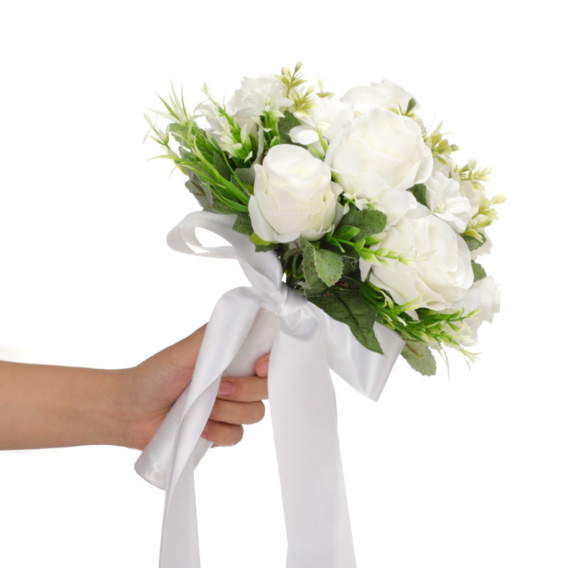 Bulk 9" White and Champagne Artificial Rose Wedding Bouquet for Bride & Bridesmaids Valentine's Day Church Home Decoration Wholesale