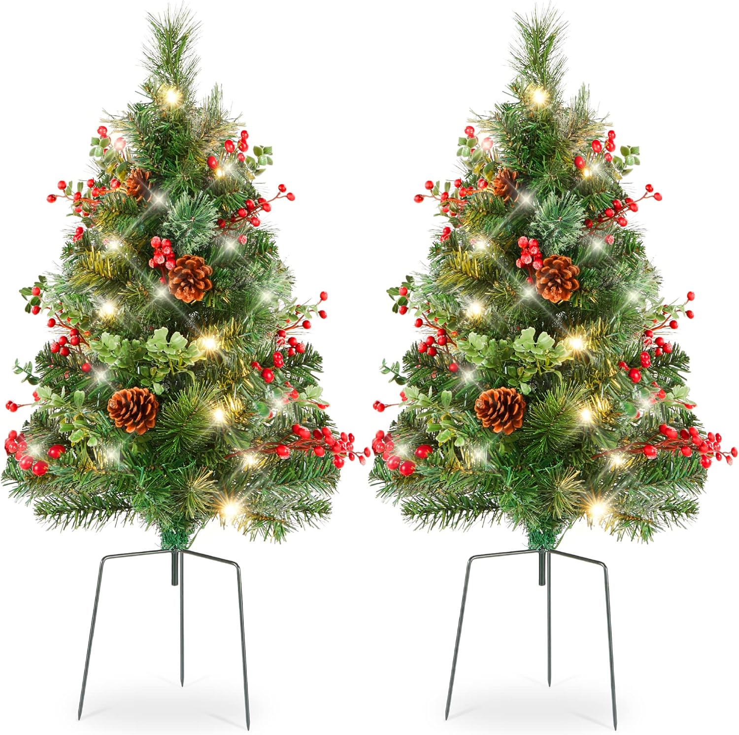 Bulk Set of 2 Pre-Lit 30" Outdoor Christmas Pathway Trees Battery Operated LED Lights with Red Berries and Pine Cones for Holiday Decor Wholesale