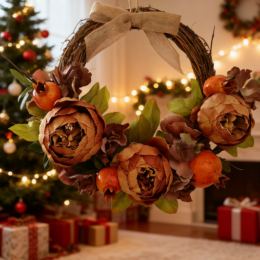 Fall-Themed Handmade Wreath for Wall/Door - Artificial Flowers & Natural Vines Ideal for Christmas & New Year