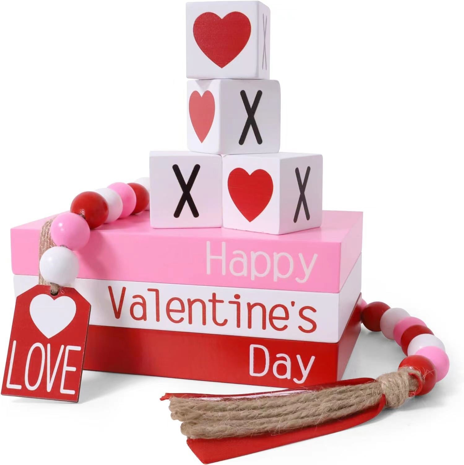 Bulk Valentine’s Day Wooden Book Stack with 4 XOXO Signs Beads Garland for Home Table & Shelf Decor Wholesale