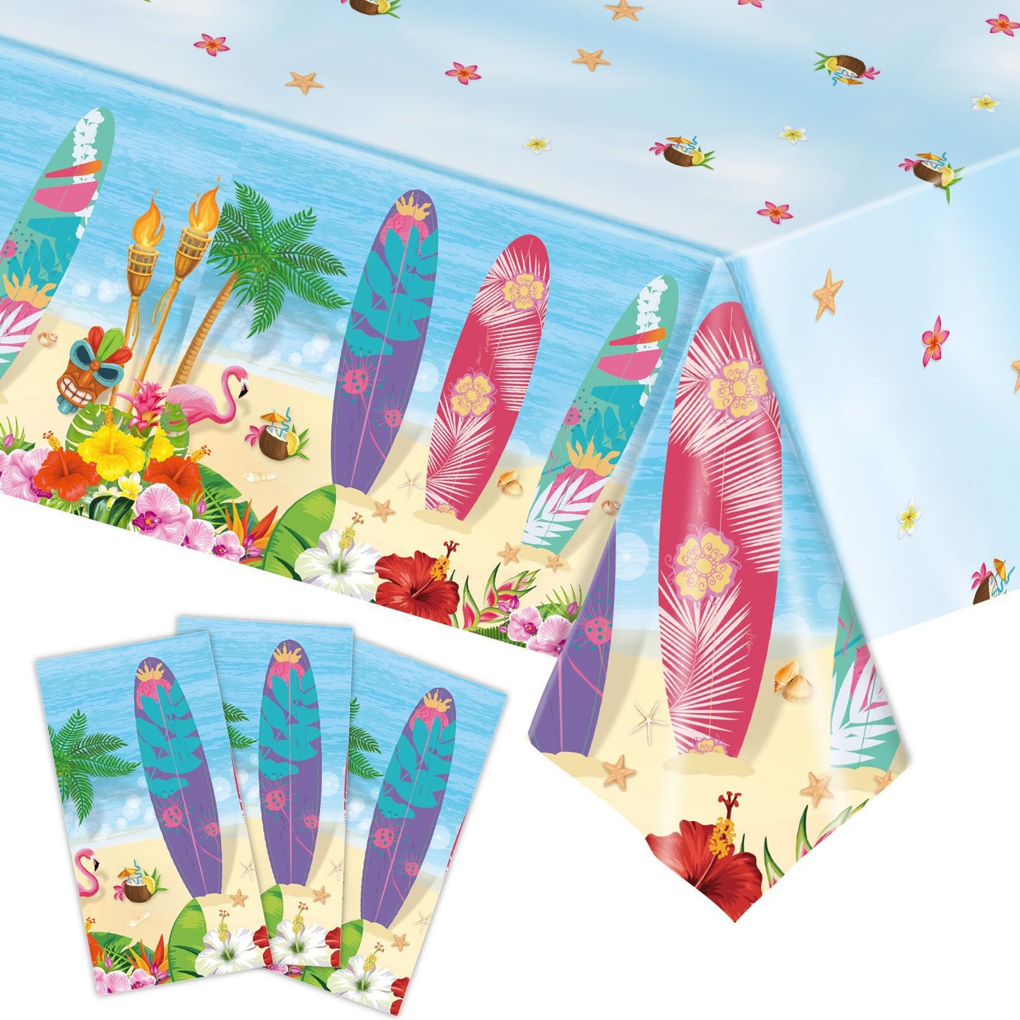 Bulk 2 Pcs Summer Beach Plastic Tablecloths Aloha Luau Hawaiian Flamingo Surfboard Design 54 x 108 Inch for Pool Beach Party Decorations Wholesale