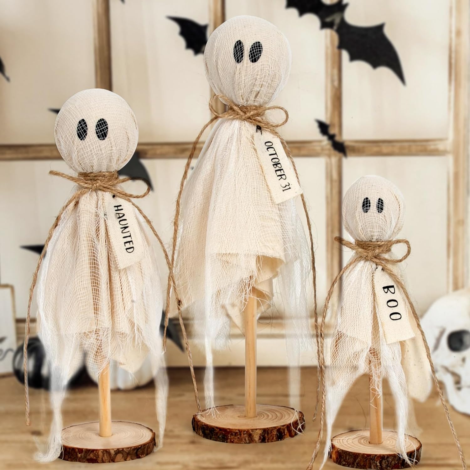 Bulk 3Pcs Halloween Indoor Decorations Set of 3 Original Wooden Ghosts on Stands for Table Centerpieces Shelves and Fireplaces Spooky Halloween Decor Wholesale