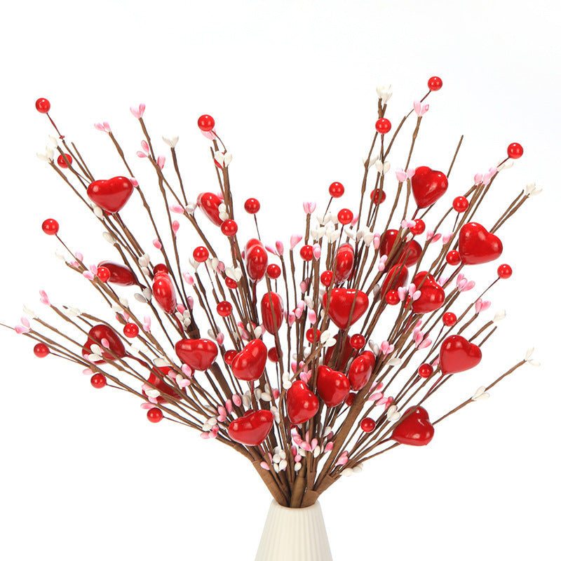 Bulk 3Pcs Red Heart Berry Stems Artificial Valentine’s Day Flowers for Home Office Table Decor Wholesale