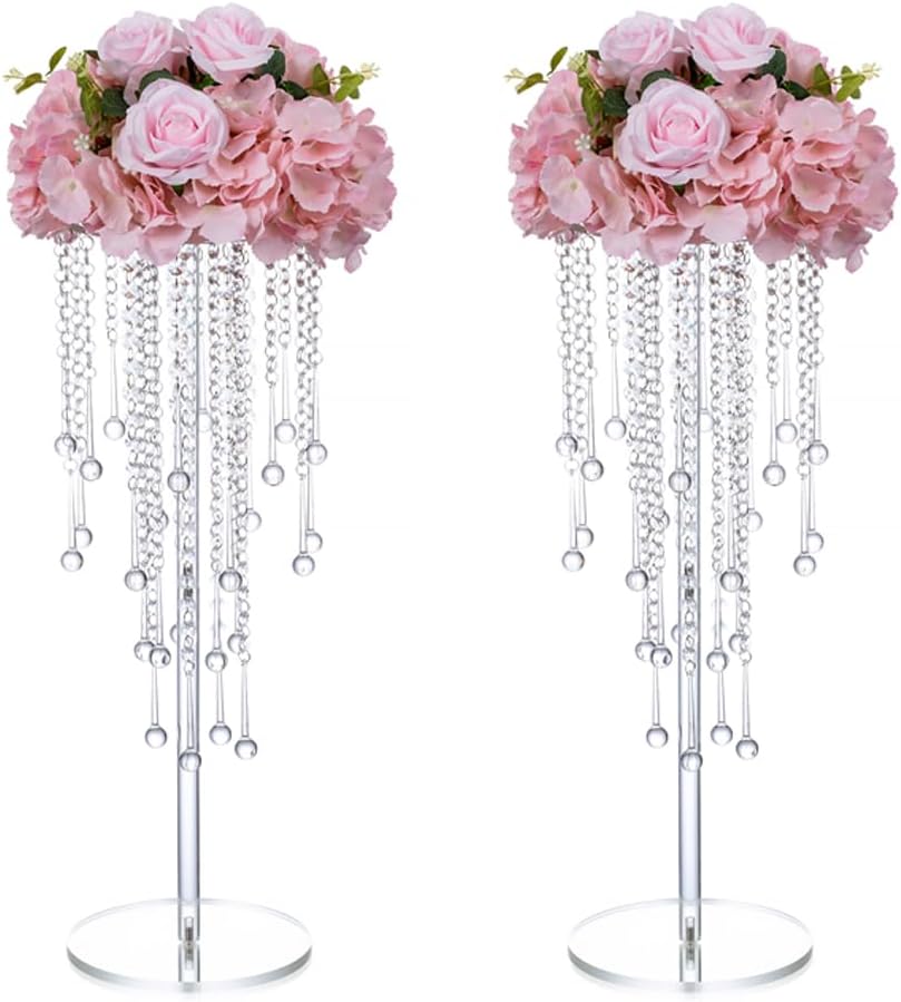 Bulk Set of 2 Elegant 23.6 Inch Acrylic Wedding Centerpiece Vases with Crystal Chandeliers Clear Flower Stands for Table Decorations at Weddings Parties and Home Events Wholesale