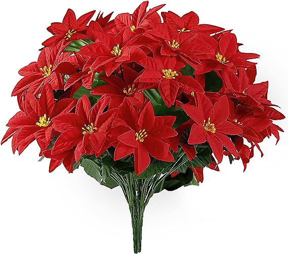 Bulk 5 Pack 15’’ Artificial Poinsettia Bouquet Velvet Poinsettia Bush Christmas Flowers for Home Garden Indoor Outdoor Xmas Decor Wholesae