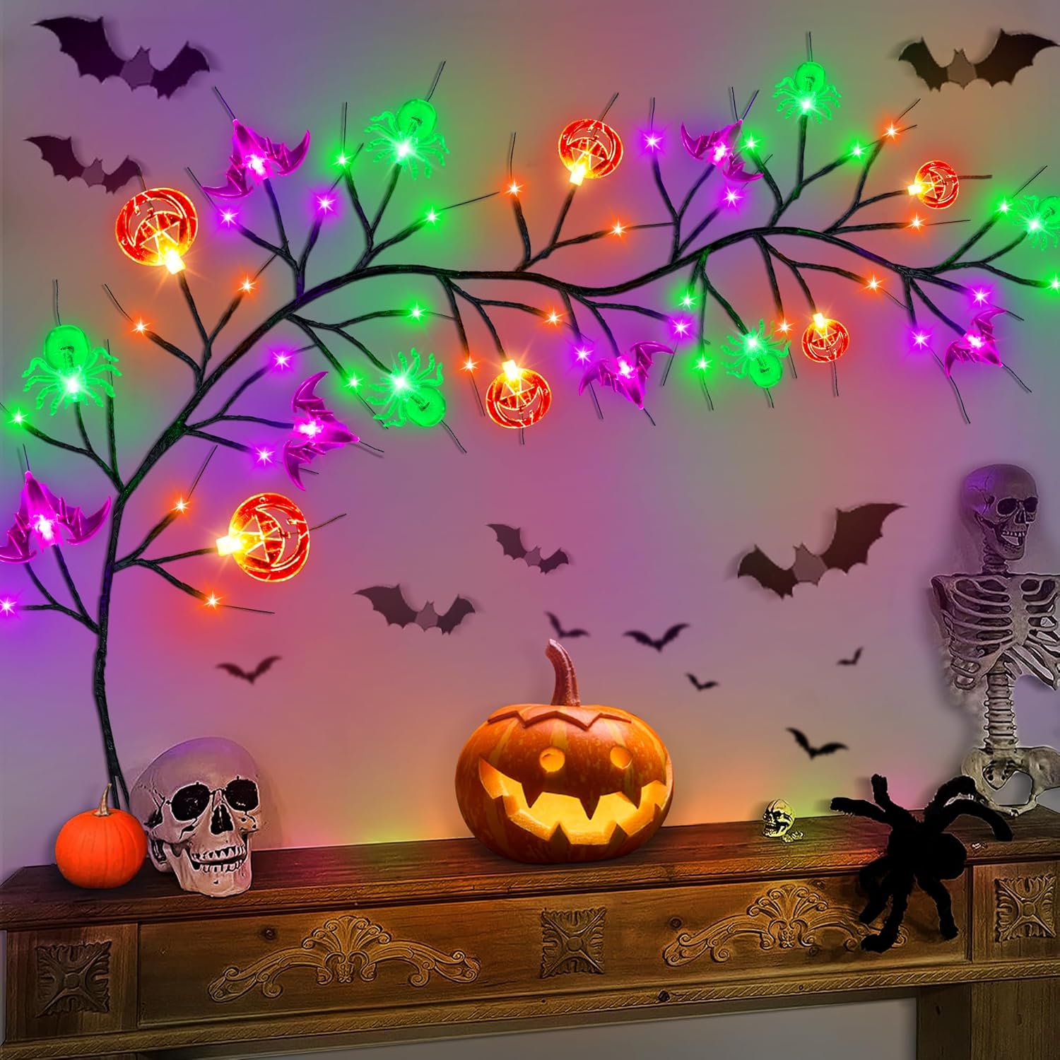 Bulk Halloween Decor 6 FT 54 LED Willow Vine with Pumpkin Bat and Spider Lights 8 Mode Battery Powered Garland for Spooky Indoor and Outdoor Decorations Wholesale