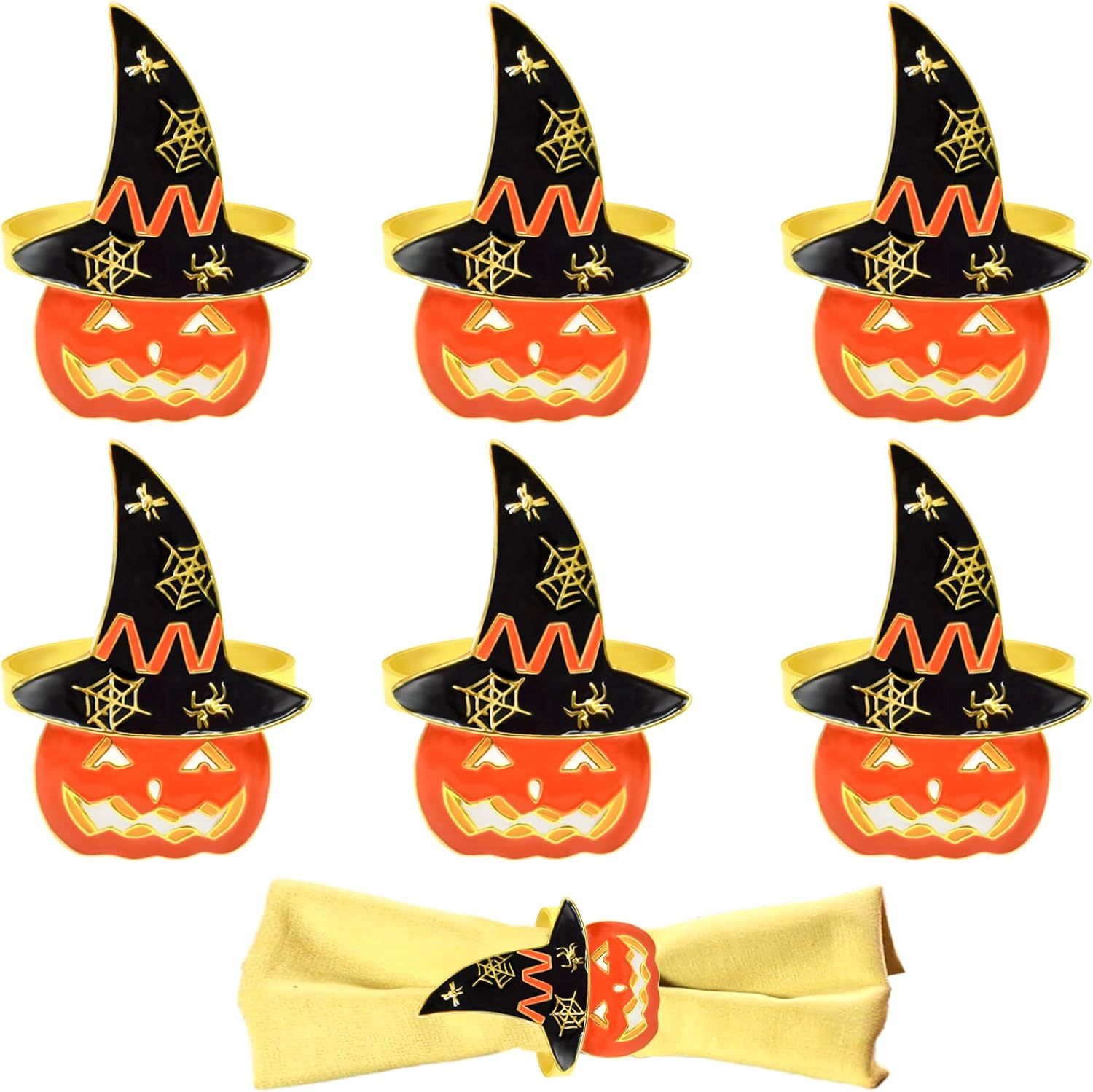 Bulk 6 Pcs Spooky Halloween Napkin Rings Orange Pumpkin and Black Witch Hat Design for Festive Party Table Decor Wholesale