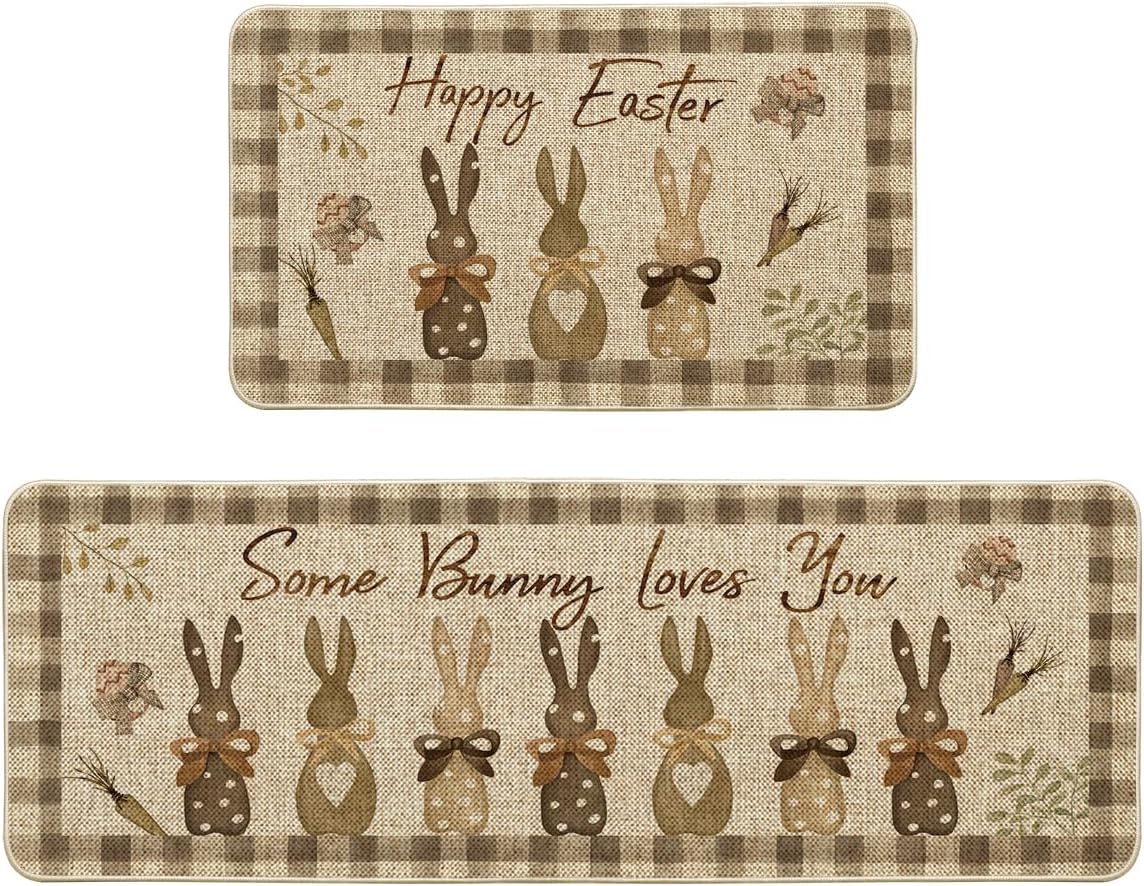 Bulk 2Pcs Buffalo Plaid Carrots & Bunny Easter Kitchen Mats for Spring Home Decor Wholesale