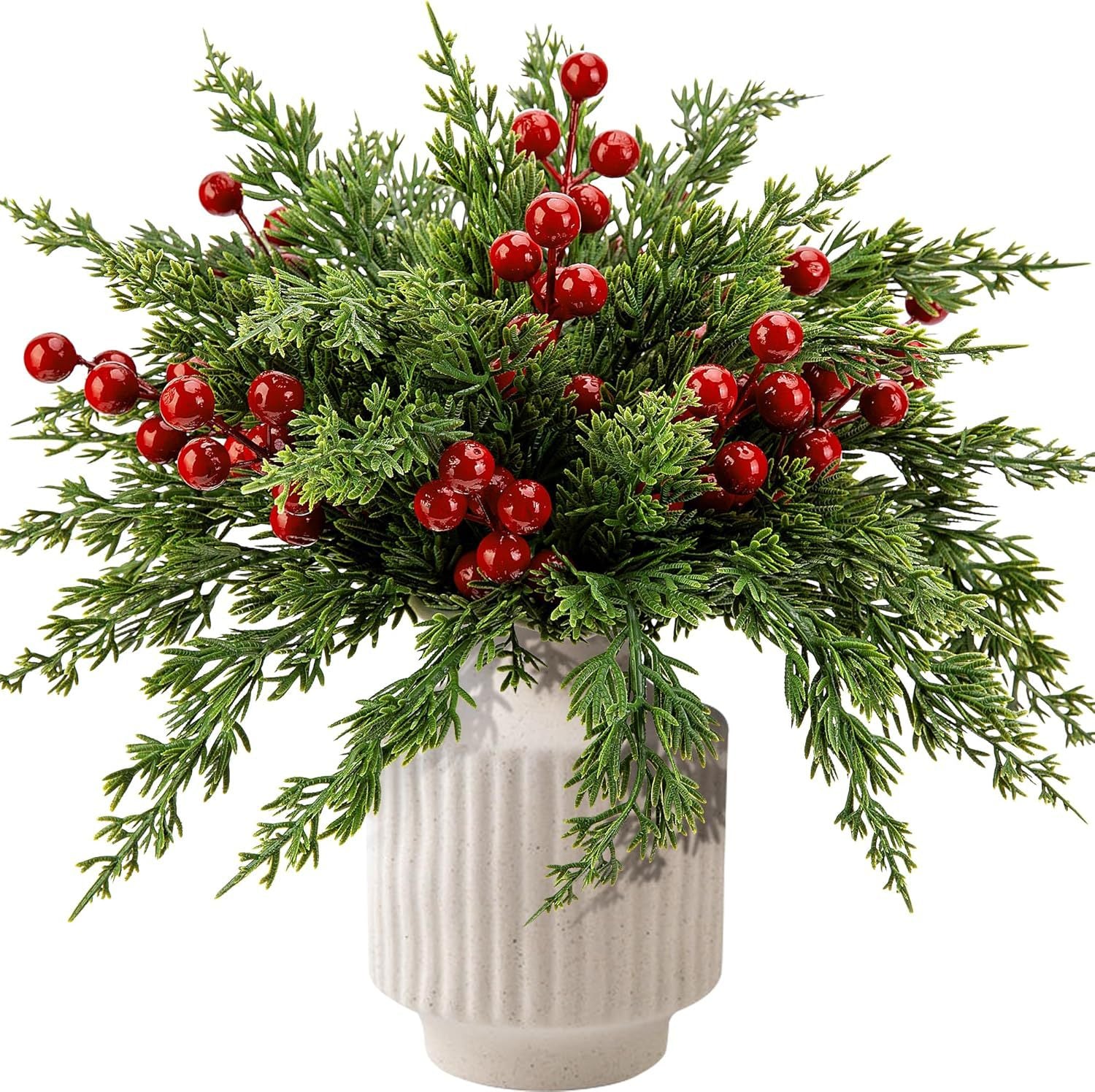 Bulk 45 Pcs Christmas Artificial Pine Branches with Red Berry Stems for DIY Craft Garland Home Holiday Decor Wholesale