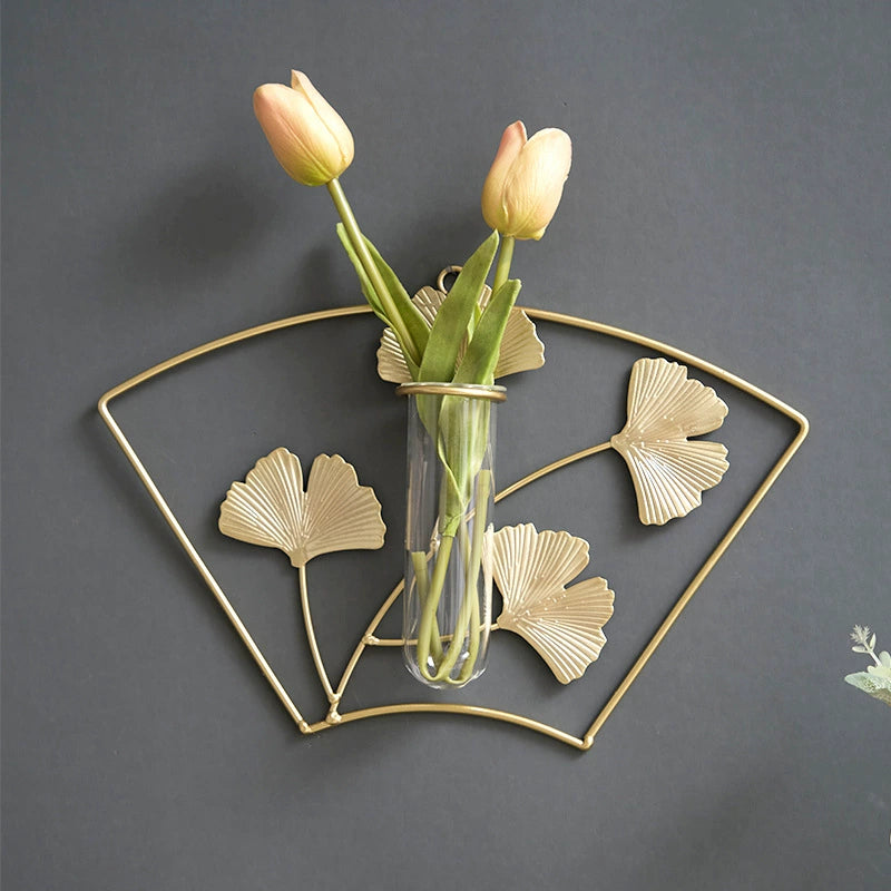 Bulk Wall Mounted Gold Metal Plant Stand with Glass Tube Vase Hanging Planter for Home Living Room Office Decor Wholesale