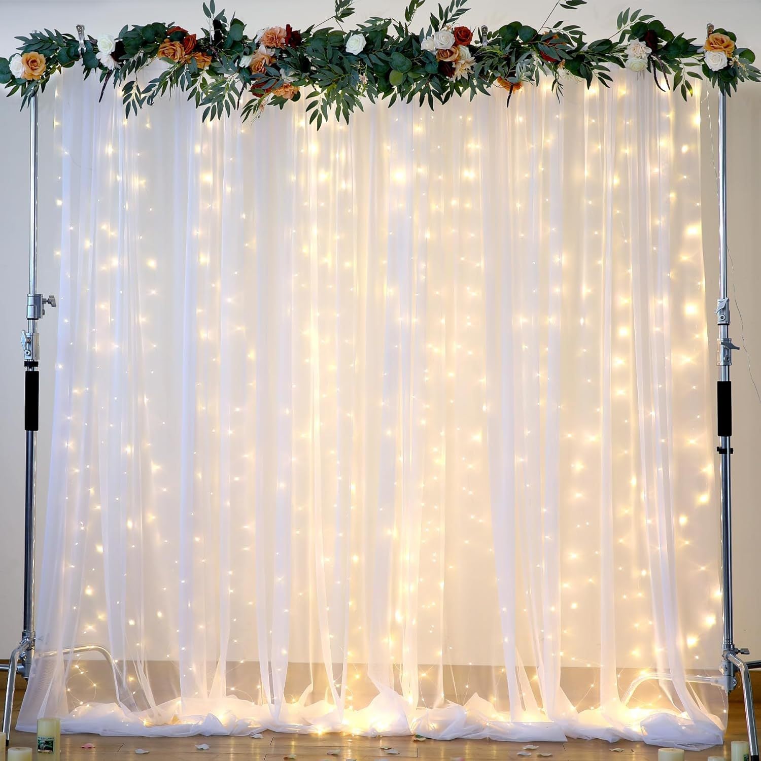 Bulk 10x7ft White Tulle Backdrop Curtain with String Lights for Wedding Baby Shower Birthday Party Photo Shoot Decorations Wholesale