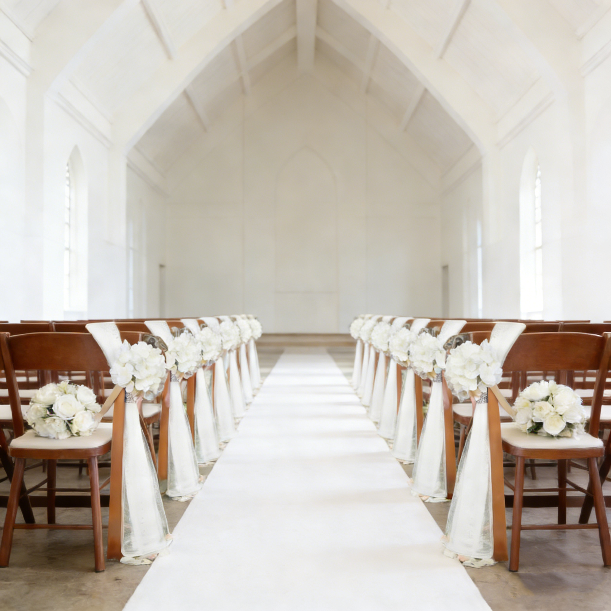 Church Wedding Chair Decor - 4.3ft White Tulle Set with Flowers (5-Pack)