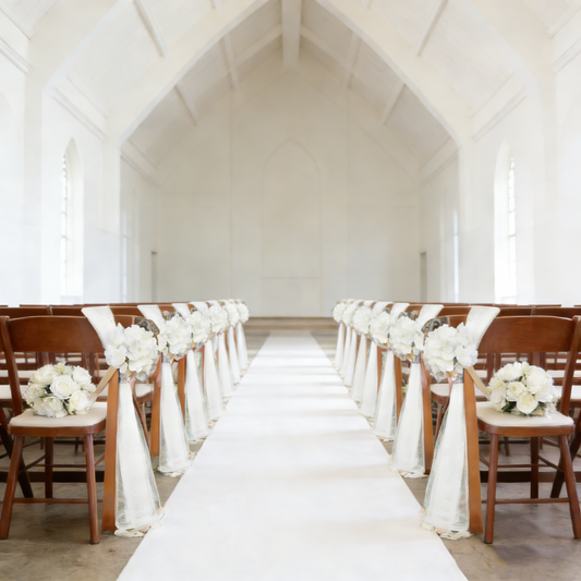 Church Wedding Chair Decor - 4.3ft White Tulle Set with Flowers (5-Pack)