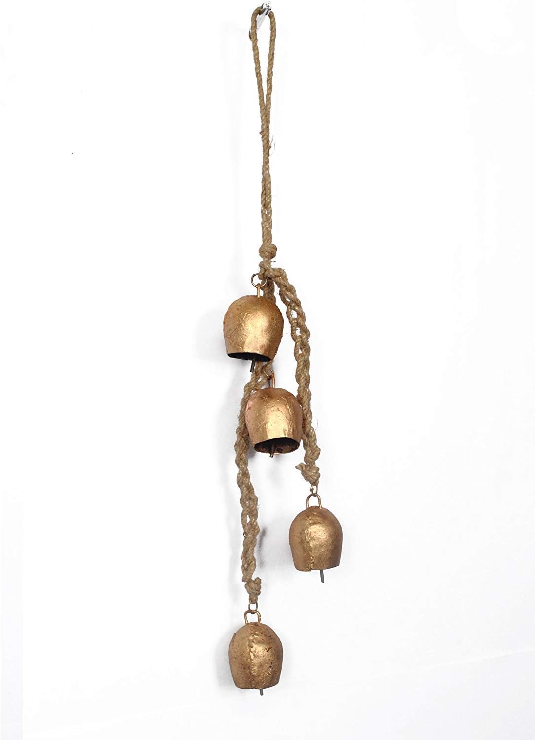 Bulk Handmade Wrought Iron Bell Chime with Brass Finish - 4-Bell Wall Hanging on Rope for Home and Holiday Decor Wholesale