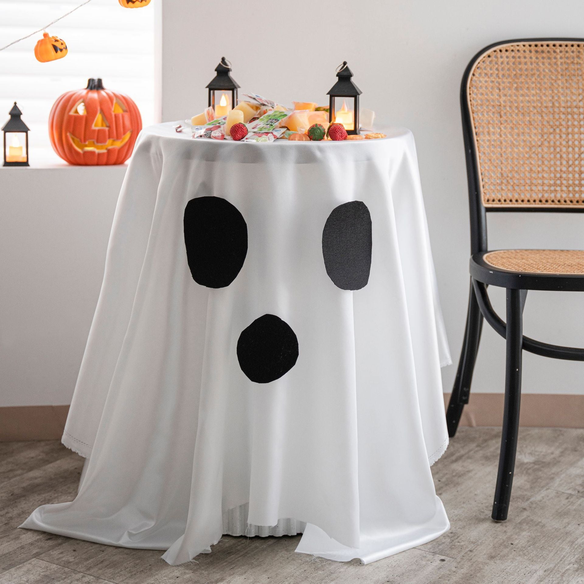 Bulk Spooky Halloween Tablecloth White with Ghosts Pumpkins and Spider Web Prints for Festive Parties Dinners and Home Decor Wholesale