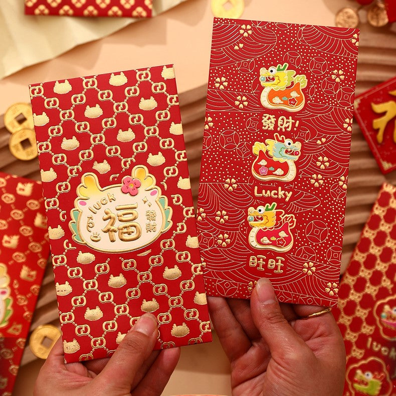 Bulk 6pcs Dragon Year Red Envelope Creative Red Packet Lucky Money Chinese New Year Gift for Spring Festival Wedding Birthday Greeting Wholesale