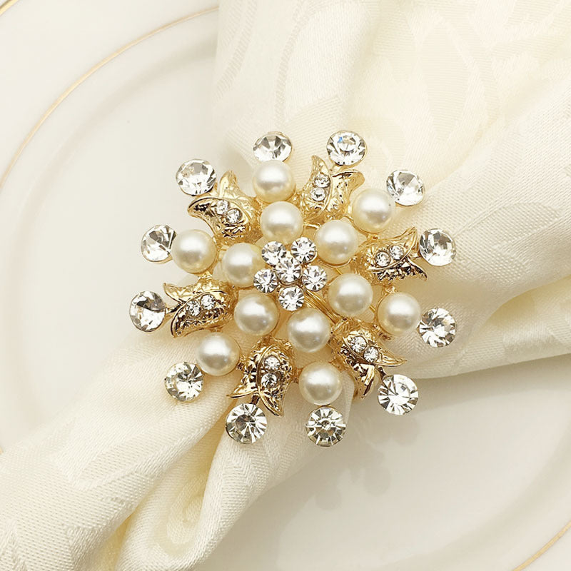 Bulk 12 Pcs Gold Napkin Rings Flower Pearl Rhinestone Napkin Holders for Wedding Party Home and Dining Table Decor Wholesale