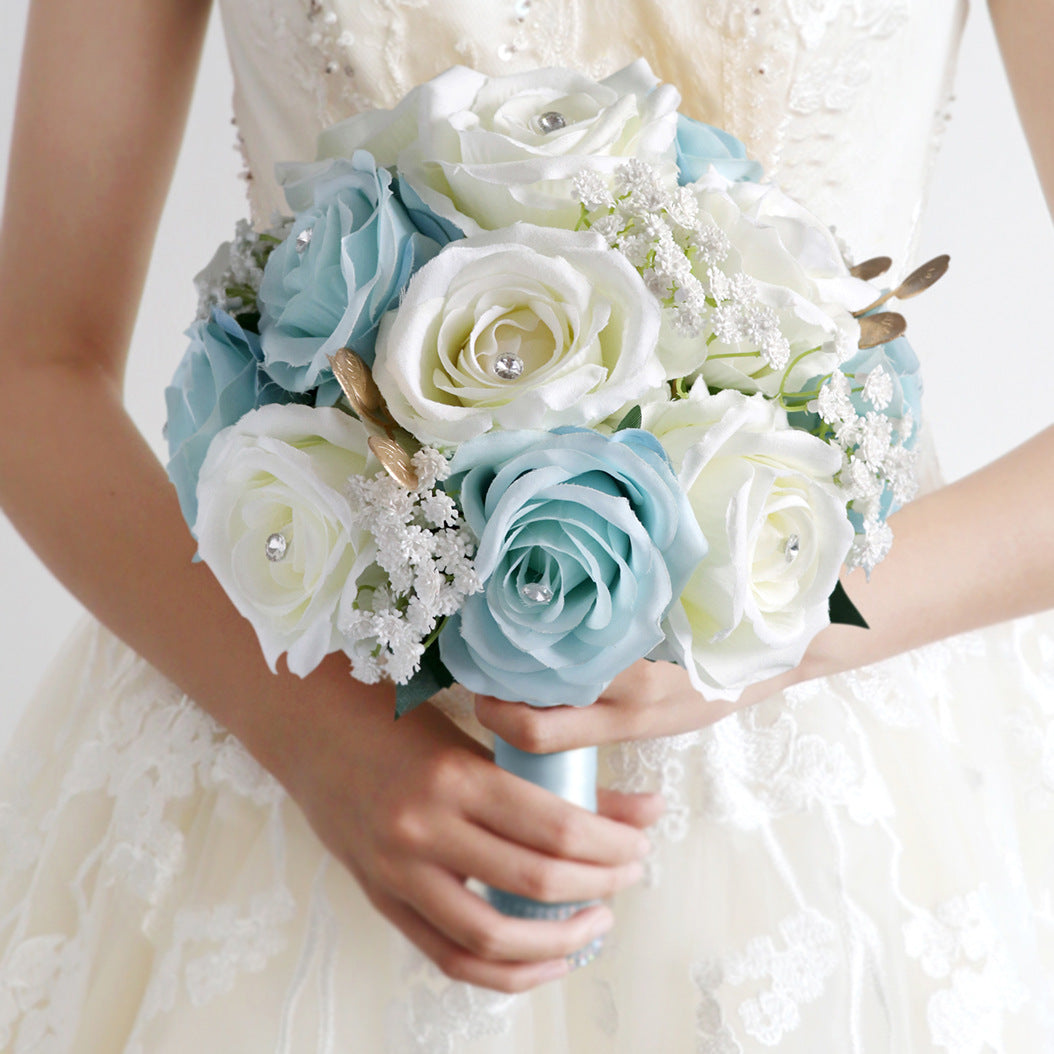 Bulk 8.66" White Blue Artificial Silk Rose Bridal Bouquet Wedding Tossing Ceremony Bouquet Wholesale