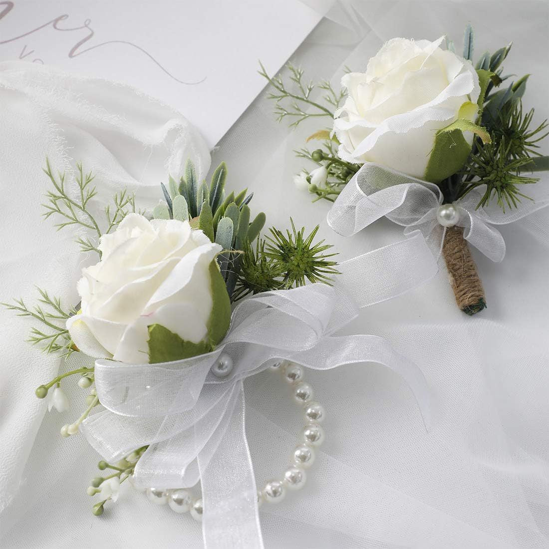 Bulk Ivory Rose Wrist Corsage and Men’s Boutonniere Set for White Wedding Wholesale