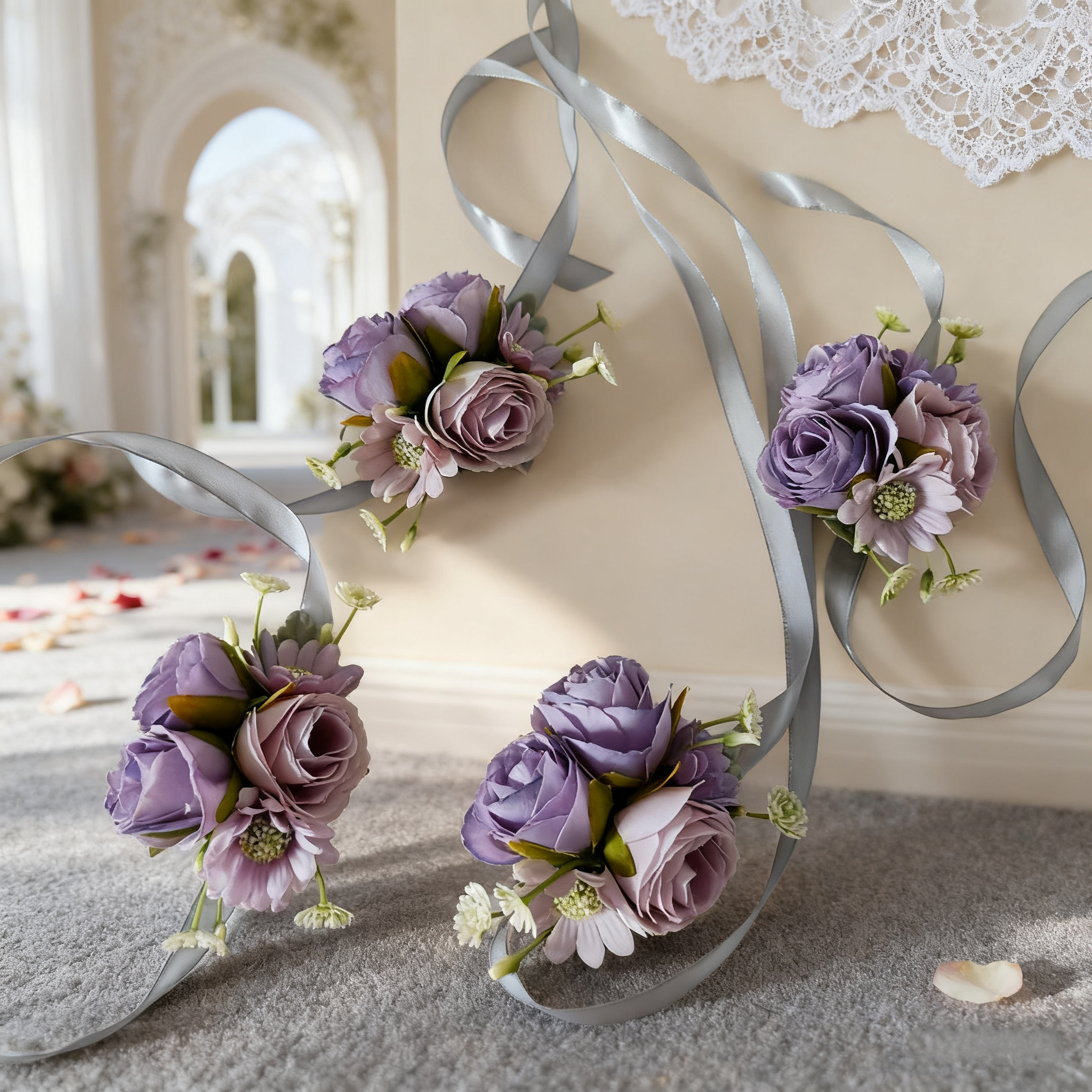 Bridal & Bridesmaid Light Purple Wrist Corsage - Artificial Rose Buds Satin & PVC