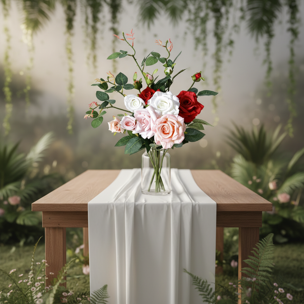 Realistic Artificial Rose Bouquet - 2 Blooms & 1 Bud | Wedding Home Decor (25.2x9.4 Inches)