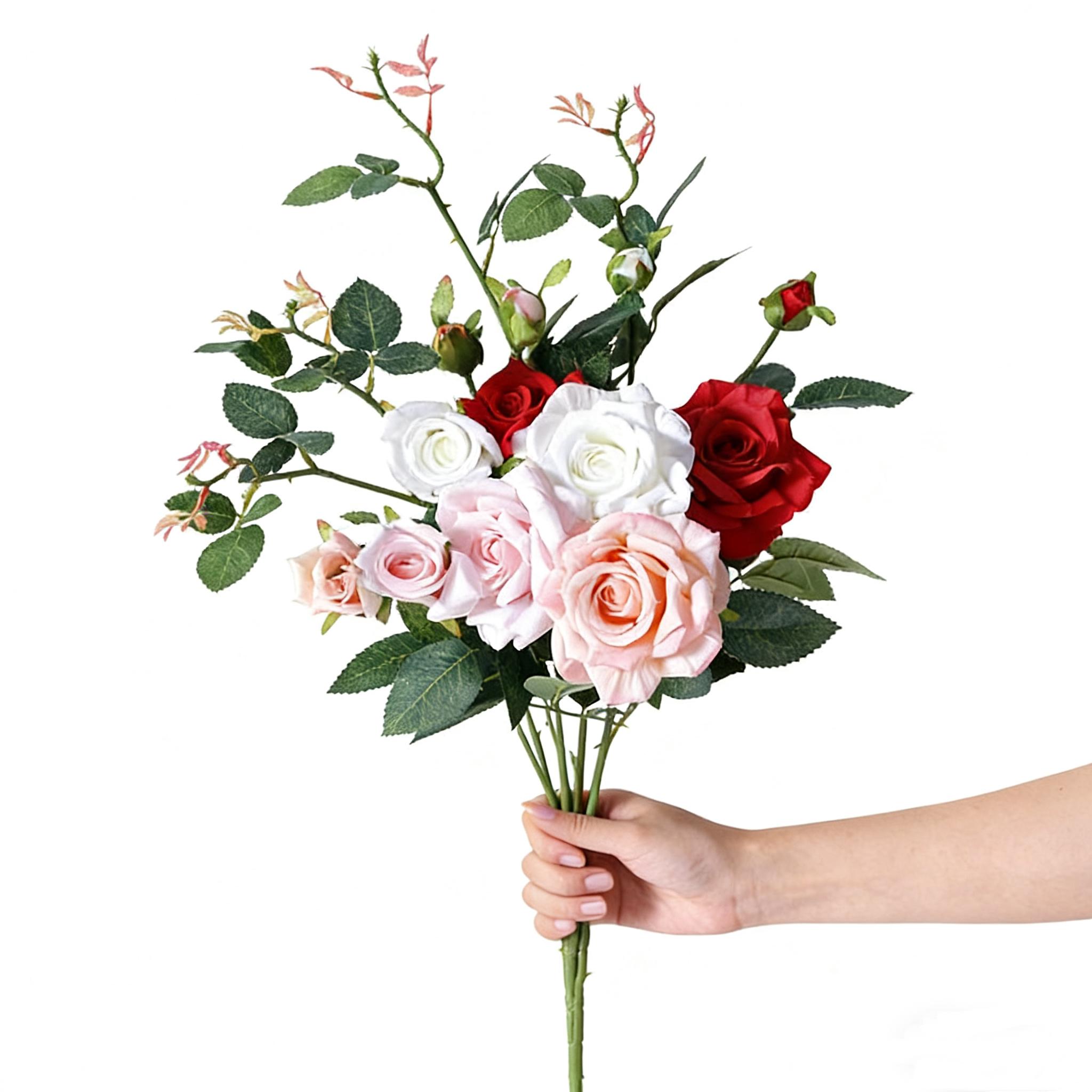 Realistic Artificial Rose Bouquet - 2 Blooms & 1 Bud | Wedding Home Decor (25.2x9.4 Inches)