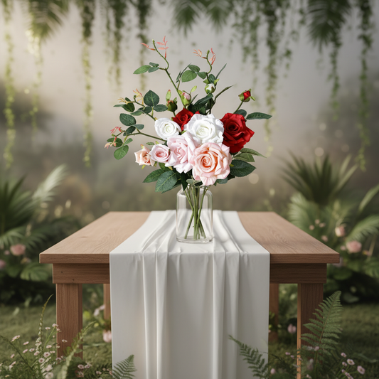 Realistic Artificial Rose Bouquet - 2 Blooms & 1 Bud | Wedding Home Decor (25.2x9.4 Inches)