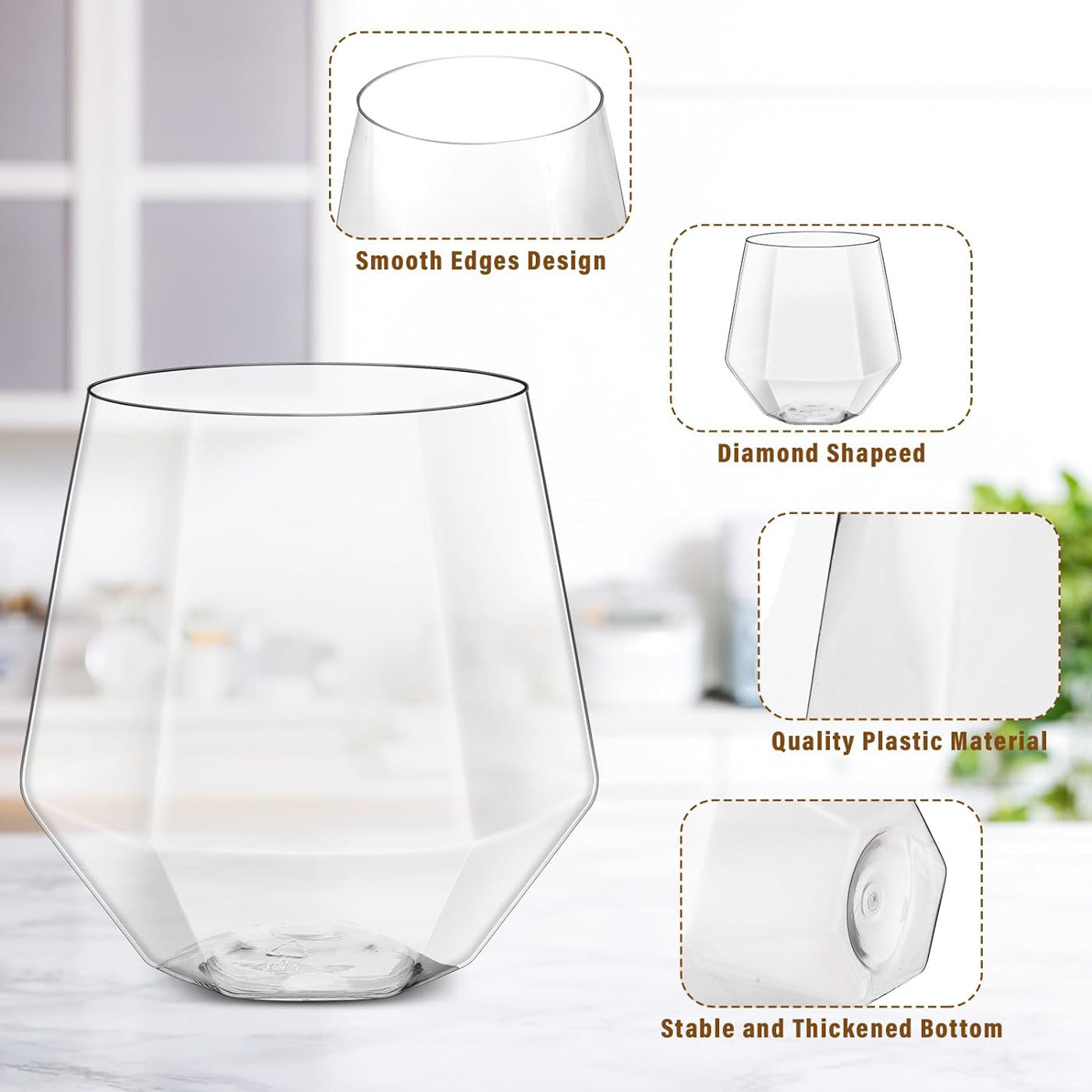 Bulk 40 Pcs 12 oz Diamond Shaped Disposable Stemless Plastic Wine Champagne & Whiskey Glasses for Party & Weddings Wholesale