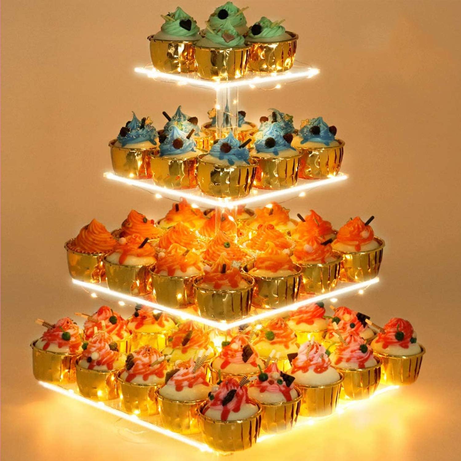 Bulk 4-Tier Acrylic Cake Display Stand with LED String Lights - Elegant Pastry Tower for Weddings Birthday Parties and Dessert Table Decorations Wholesale