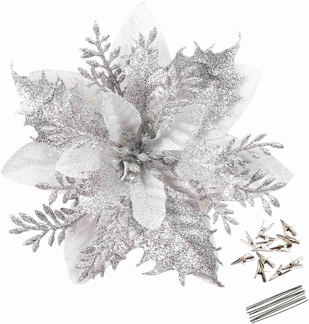 Bulk 12Pcs 5.5" Glitter Poinsettia Artificial Flowers with Clips for Christmas Tree Ornaments Wedding Party DIY Wreath Decor Wholesale