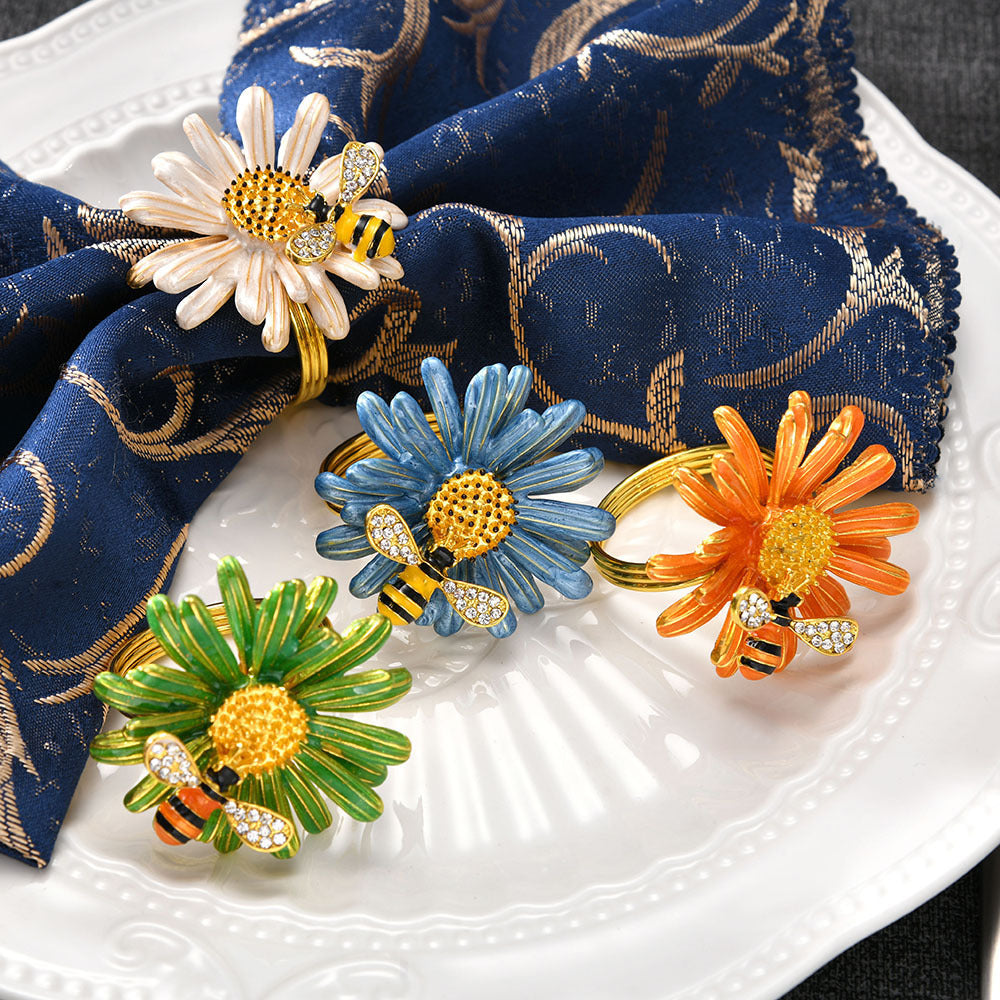 Bulk 6 Pcs Daisy Sunflower Napkin Rings Gold Bee Napkin Ring Holders for Wedding Party and Dining Table Decor Wholesasle