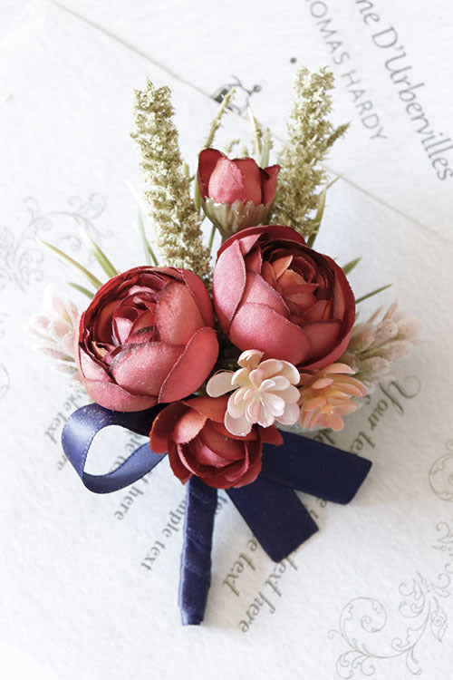 Retro Red Peony and Daisy Boutonnieres and Corsage Set, Bulk Artificial Flowers, Wedding Accessories