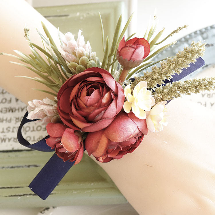 Retro Red Peony and Daisy Boutonnieres and Corsage Set, Bulk Artificial Flowers, Wedding Accessories