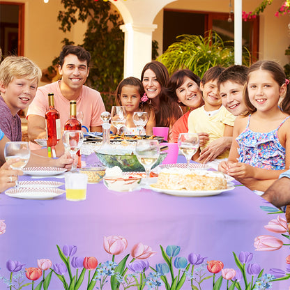 Bulk Spring Rabbit Tulip Printed Tablecloth Stain Resistant Waterproof Embossed Edge Technology Easter Purple Flower Decor Perfect for Events Parties Wholesale