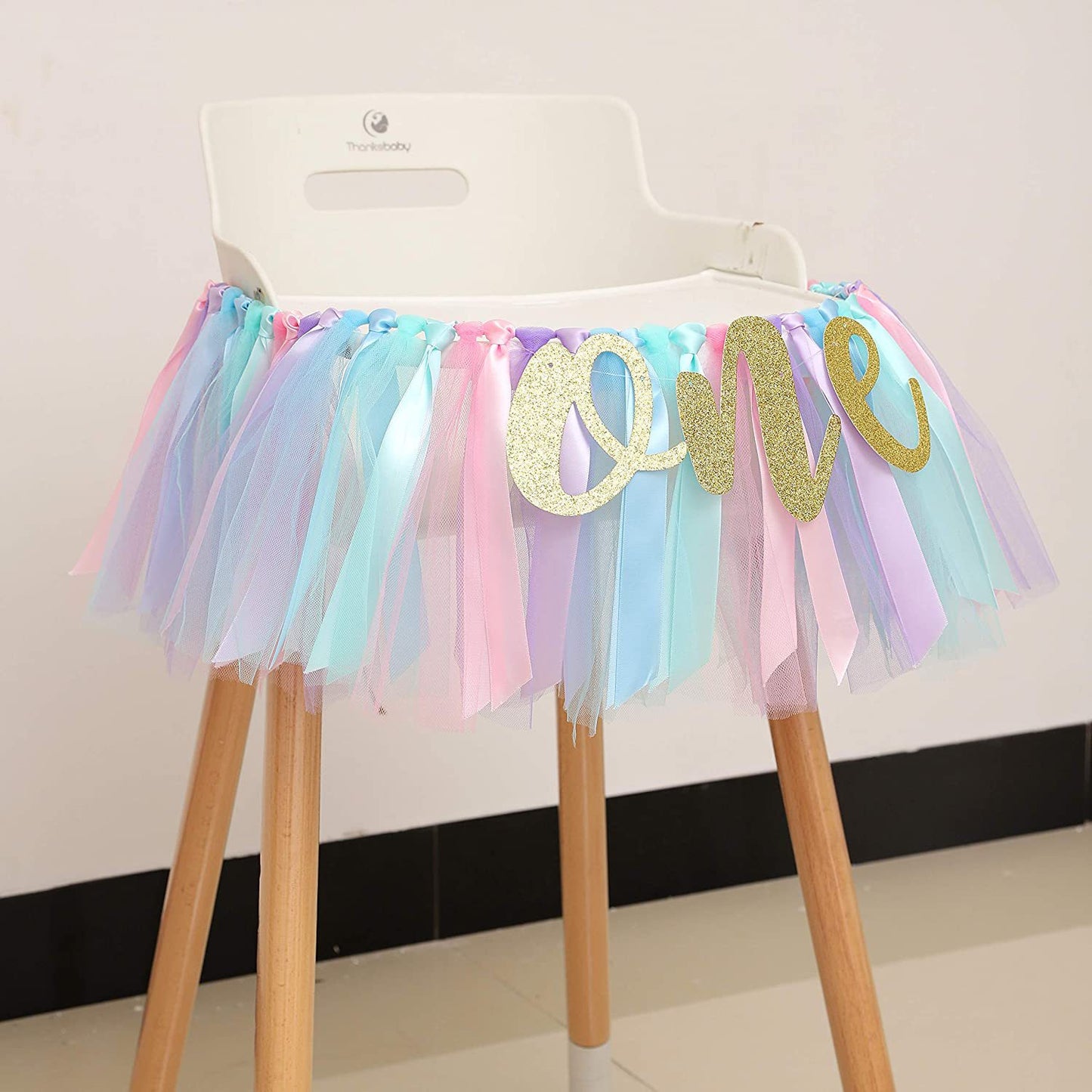 1st Birthday High Chair Tutu Skirt - Rainbow Ribbon & Tulle Decor for Baby’s First Party