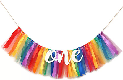 1st Birthday High Chair Tutu Skirt - Rainbow Ribbon & Tulle Decor for Baby’s First Party