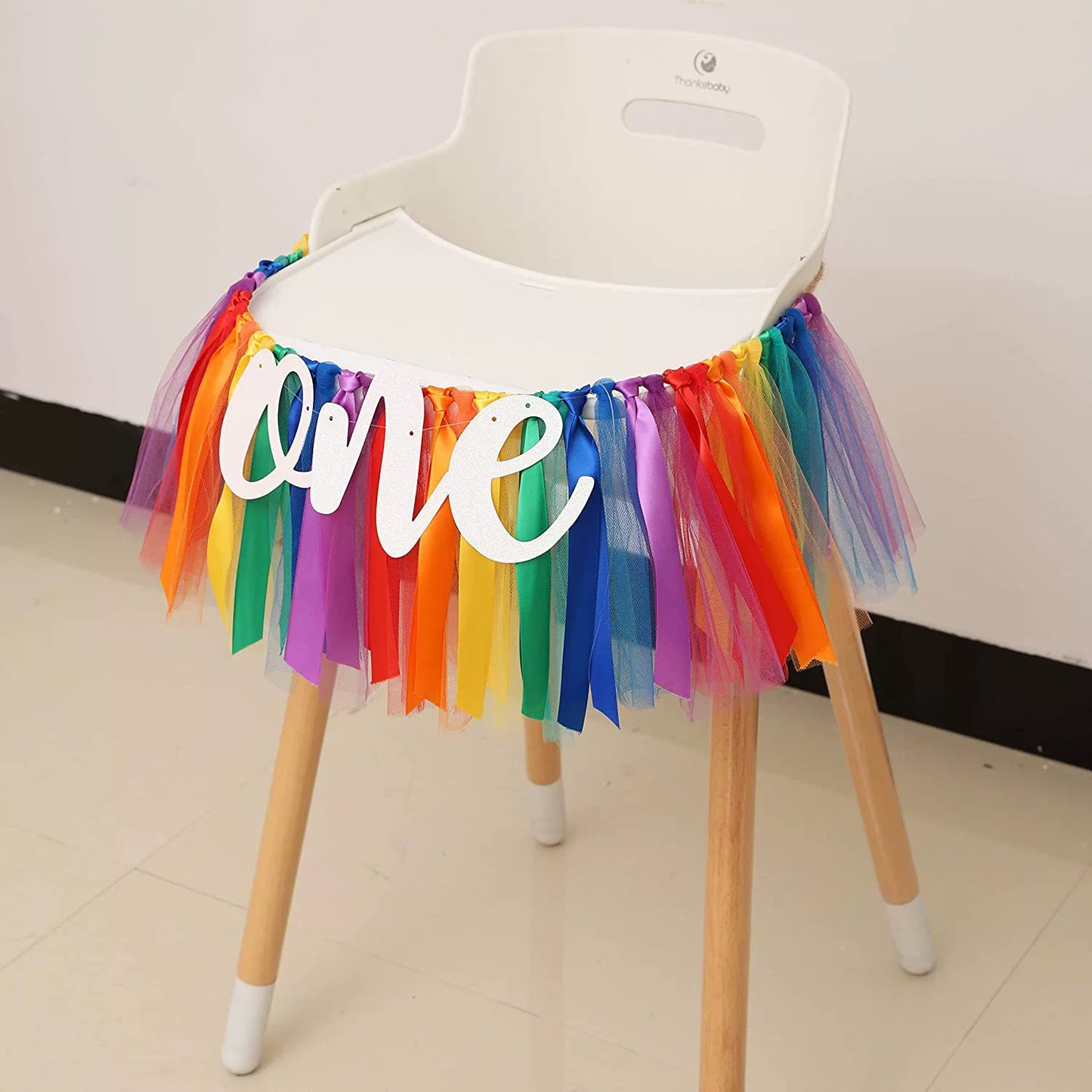 1st Birthday High Chair Tutu Skirt - Rainbow Ribbon & Tulle Decor for Baby’s First Party